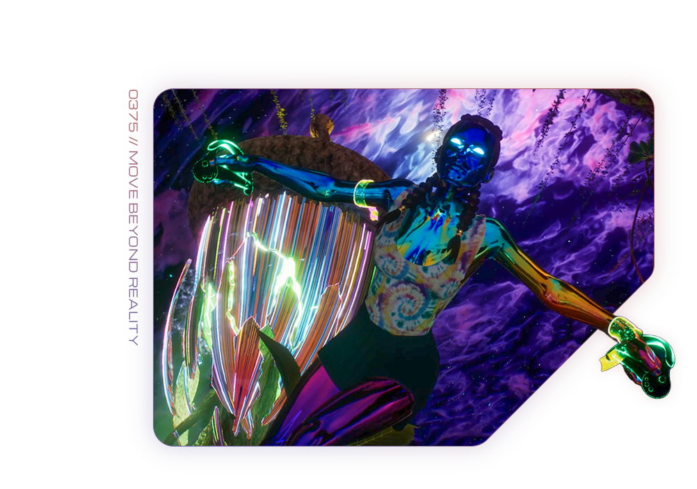 A figure with glowing, colorful body paint and a bright, blue-lit face stands in front of an abstract, neon background with vibrant light effects and swirling purple and green colors. The text reads 0375 // MOVE BEYOND REALITY..