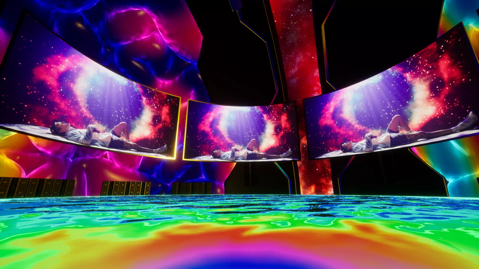 inside Soundscape VR world with large screens